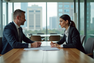 Homme d'affaires et jeune femme discutant de documents financiers
