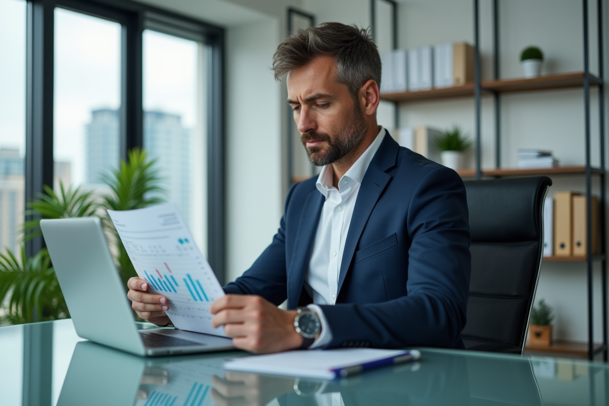 Homme d'âge moyen en costume analysant des graphiques financiers