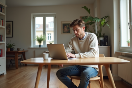 Homme français en intérieur avec ordinateur portable