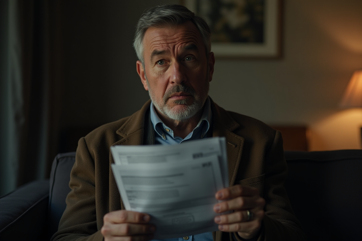 Homme préoccupé avec factures et documents financiers