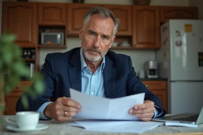 Homme d'&acirc;ge moyen en costume bleu lit des documents chez lui