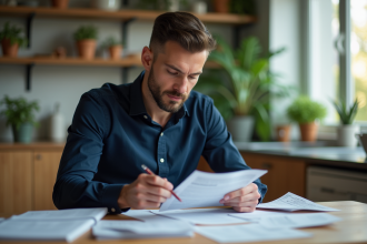 Homme en chemise bleue organisant des papiers à la maison