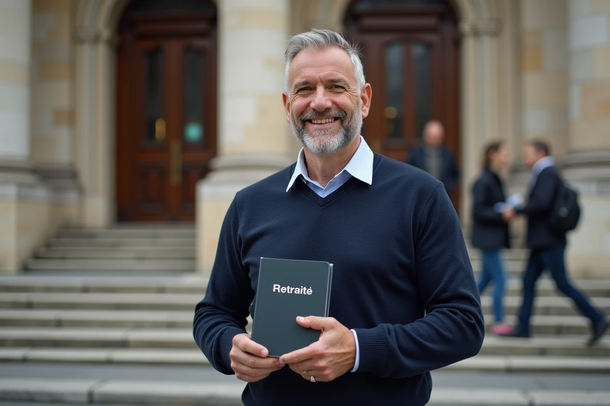 Homme souriant avec dossier retraite devant bâtiment public