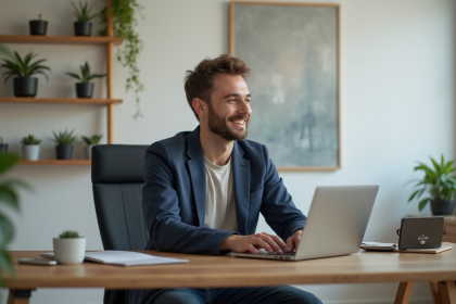 Homme détendu vérifiant son portefeuille crypto sur un laptop