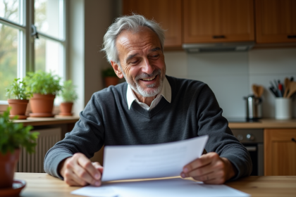 Homme de 60 ans en cuisine lisant des documents de retraite