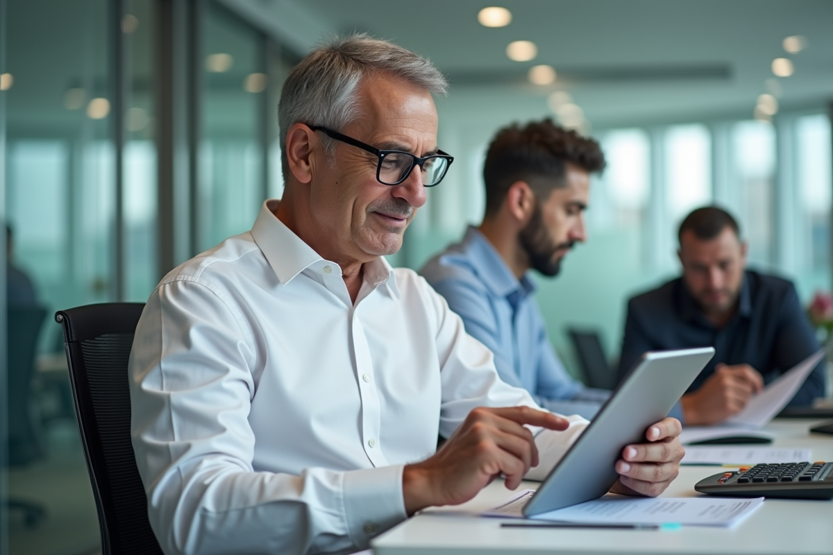 Homme senior examinant des résultats sur une tablette en banque