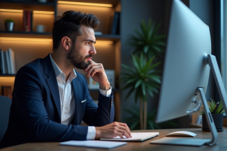 Jeune homme en costume analysant des graphiques forex