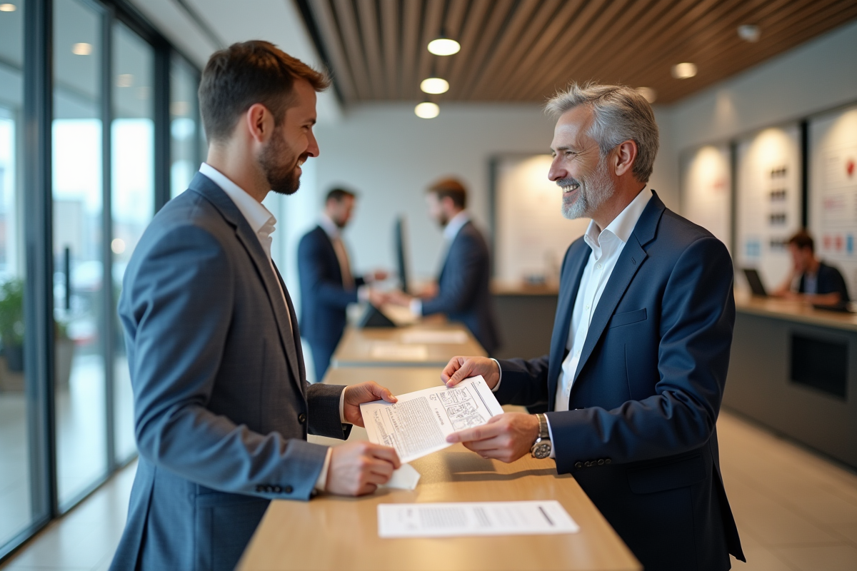 Homme remettant des formulaires à un agent bancaire dans une agence