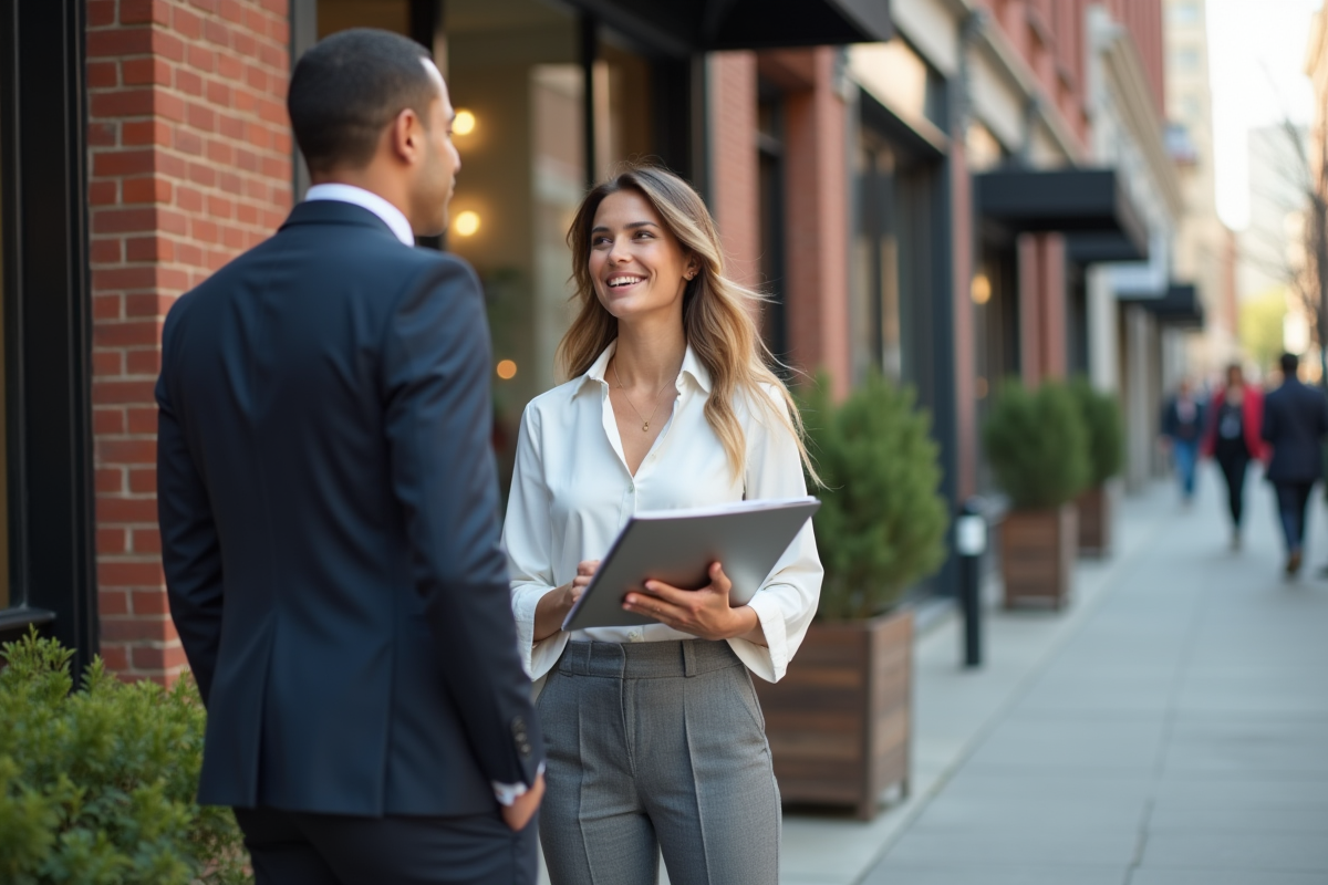 Jeune entrepreneure parle avec un conseiller bancaire devant un magasin rénové