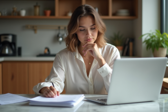 Jeune femme en bureau étudiant des documents de prêt étudiant
