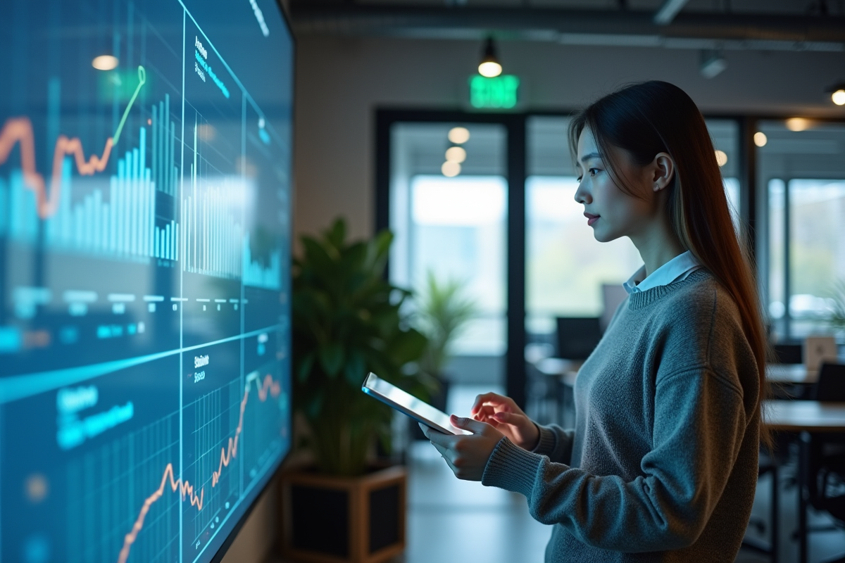 Jeune femme marketing analysant un tableau de bord digital