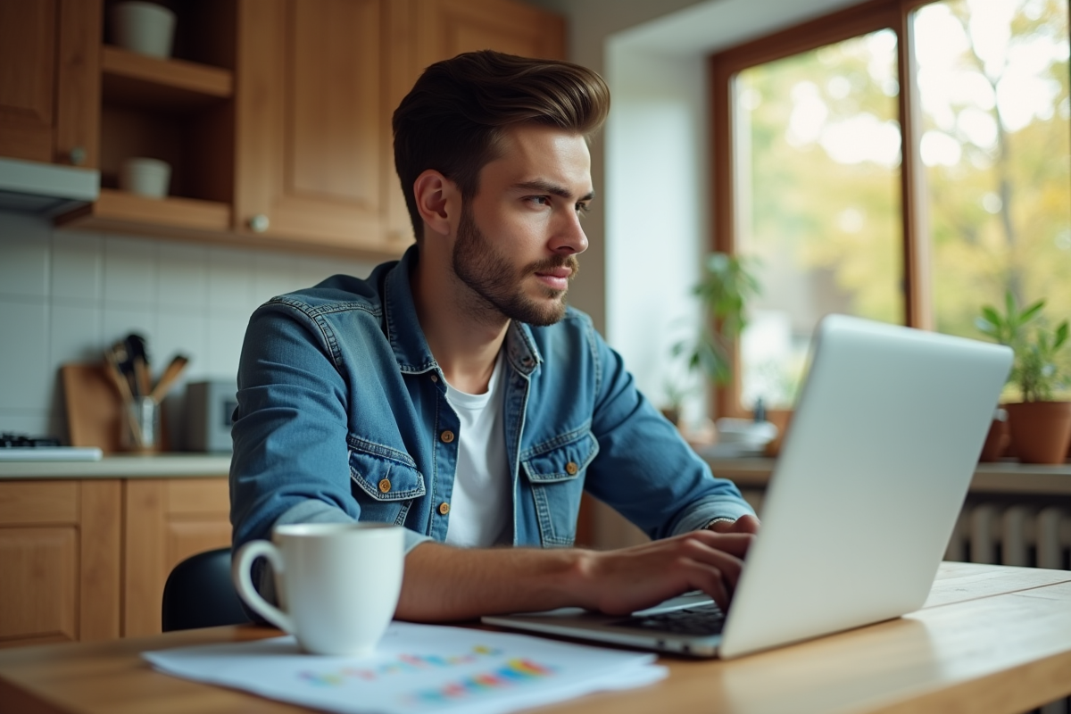 Jeune homme regardant des graphiques financiers sur son ordinateur à la maison