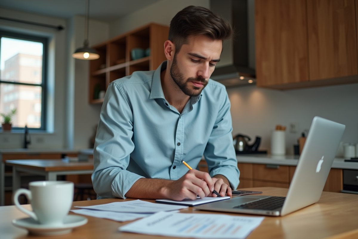 Jeune homme calculant ses finances à la maison