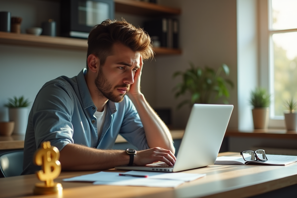Jeune homme inquiet devant son ordinateur avec bitcoin et papiers