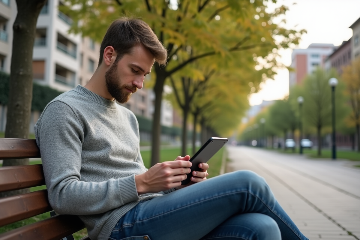 Jeune homme dans un parc urbain utilisant une tablette
