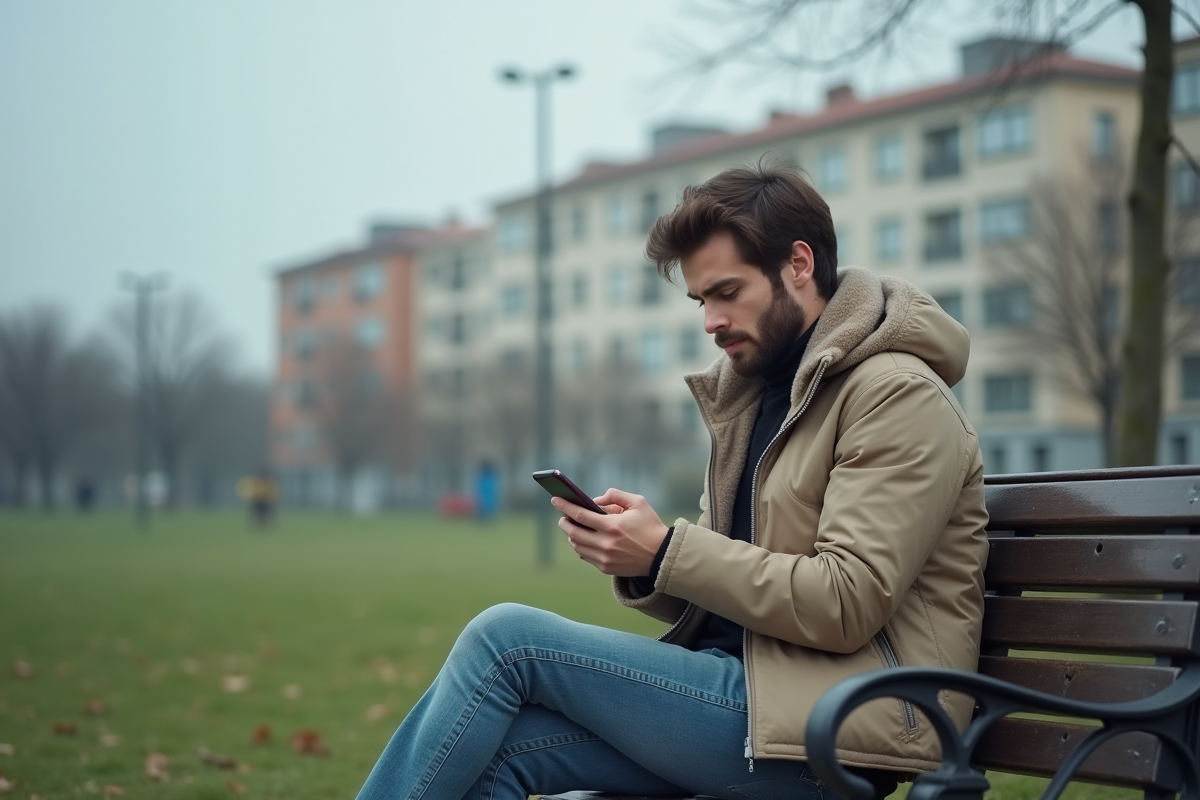 Jeune homme assis sur un banc de parc regardant son smartphone