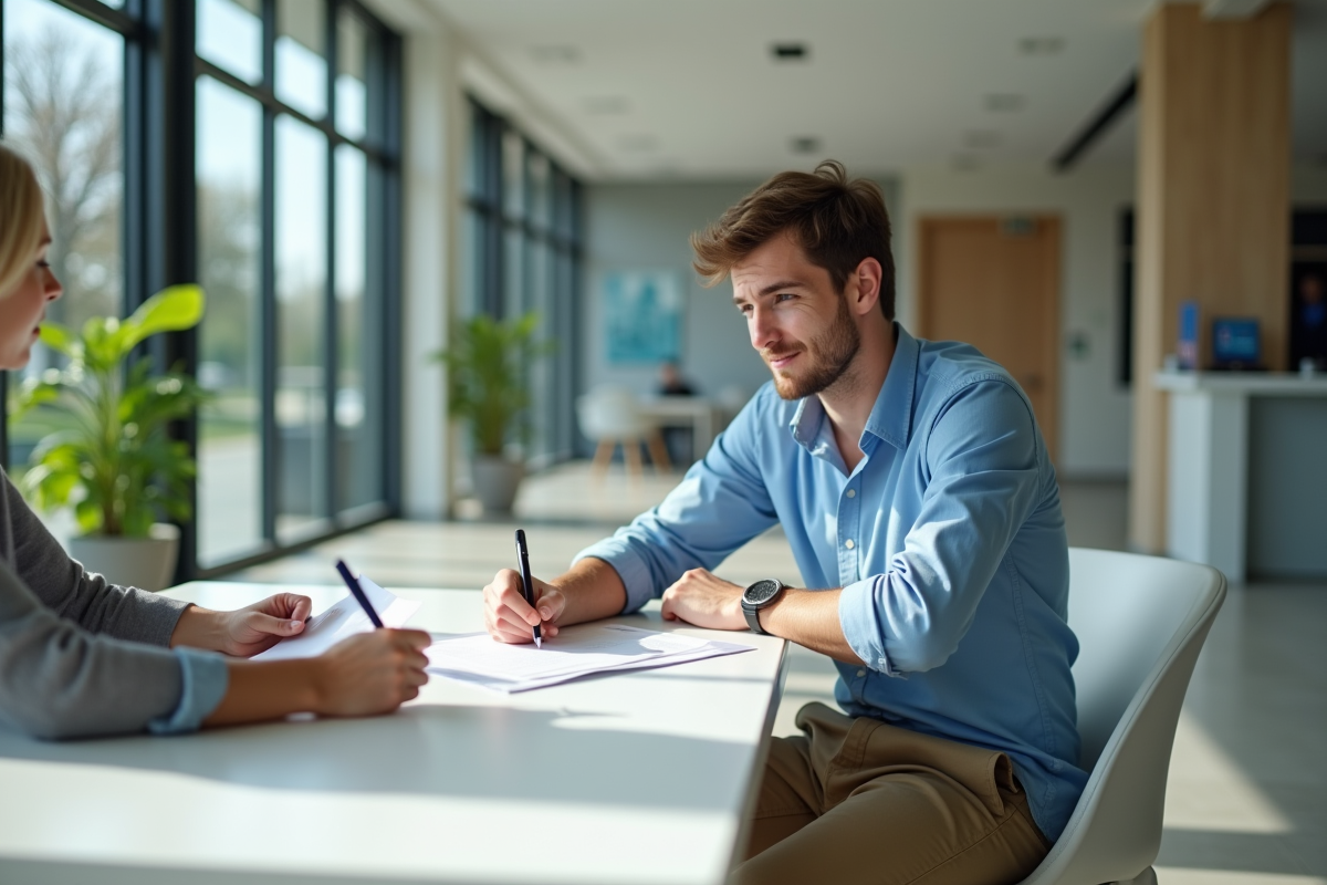 Jeune homme signe des papiers dans une banque lumineuse