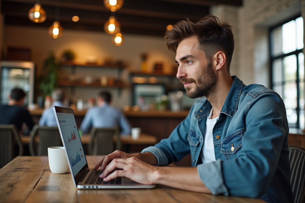 Jeune homme travaillant sur son ordinateur dans un café cosy