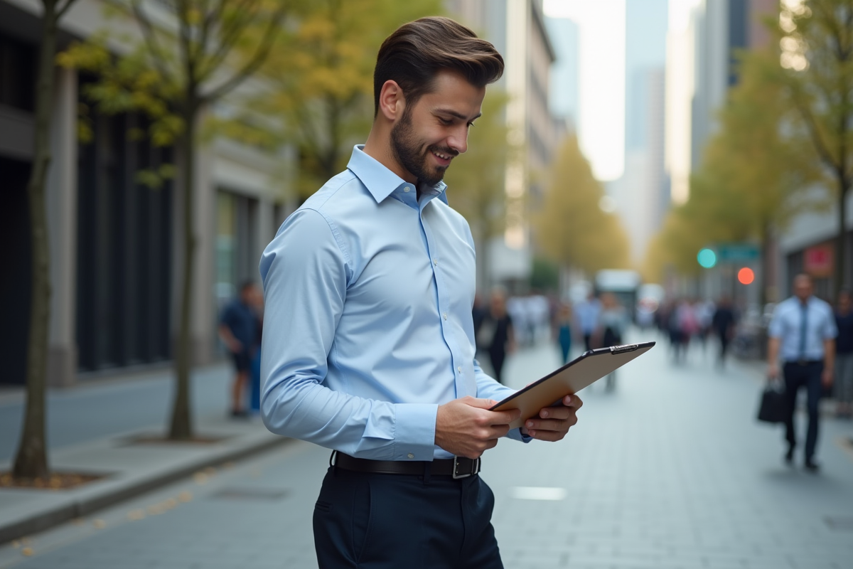 Jeune professionnel regardant des documents en ville