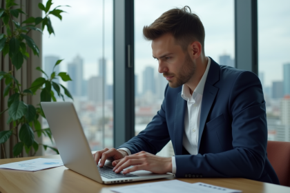 Jeune homme en costume analyse des graphiques sur son ordinateur