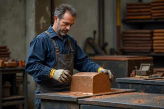 Ouvrier en uniforme examinant un lingot de bronze frais