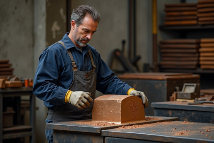 Ouvrier en uniforme examinant un lingot de bronze frais