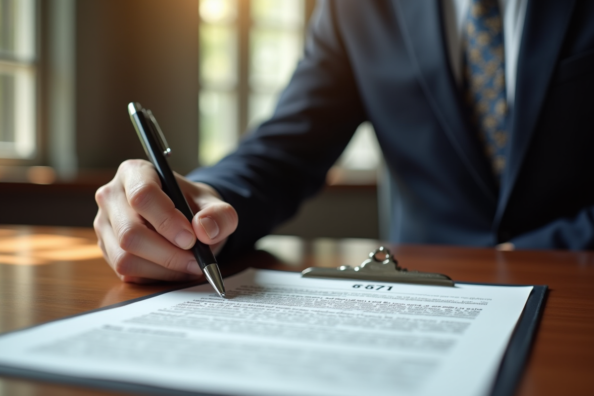 Professionnel élégant signant un document officiel sur un bureau en bois