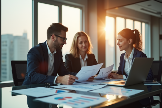 Deux professionnels en réunion dans un bureau moderne