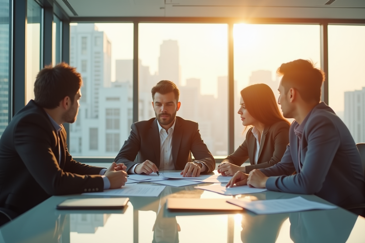 Trois professionnels en réunion dans un bureau moderne