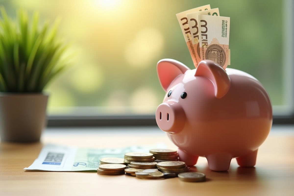 Tirelire avec pièces d euro et certificats d actions sur une table ensoleillée