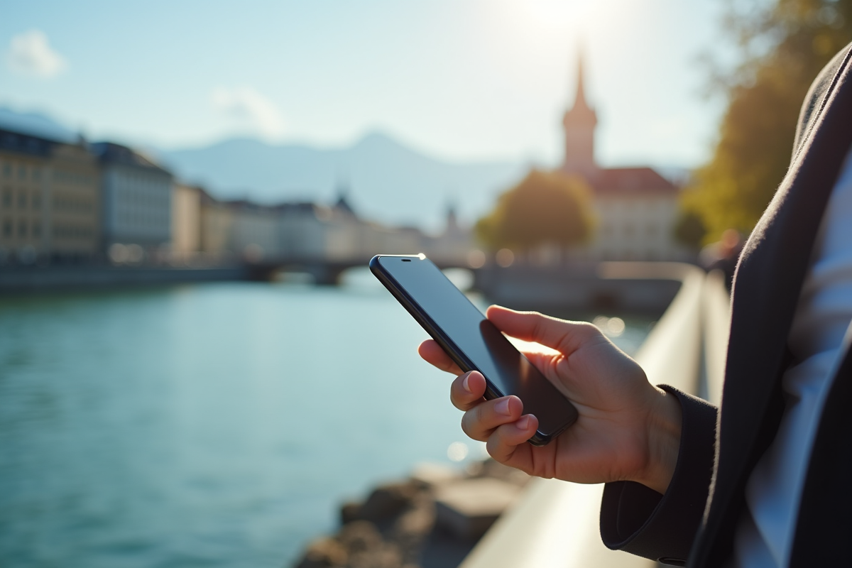 Personne tenant un smartphone avec une application bancaire dans une ville suisse